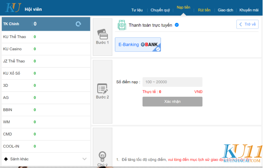 Nạp tiền KU11 qua phương thức thanh toán trực tuyến