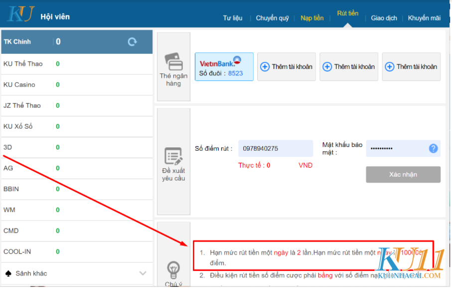 Số lần rút tiền trong 1 ngày được KU11 cho phép là bao nhiêu