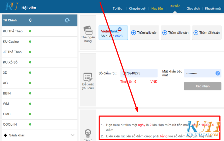 Lưu ý trong khi rút tiền tại KU11