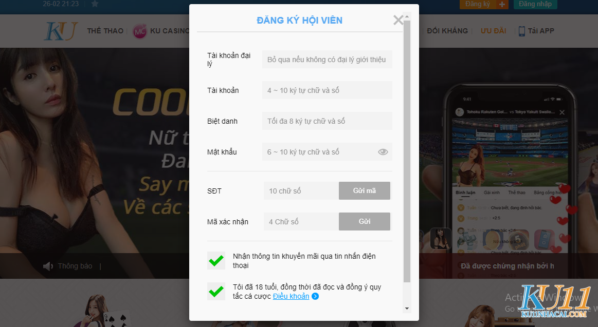 Giao diện đăng ký thành viên tại KU11