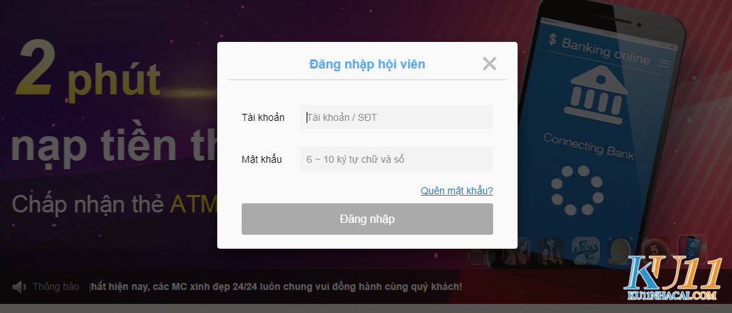 Giao diện đăng nhập tài khoản tại KU11