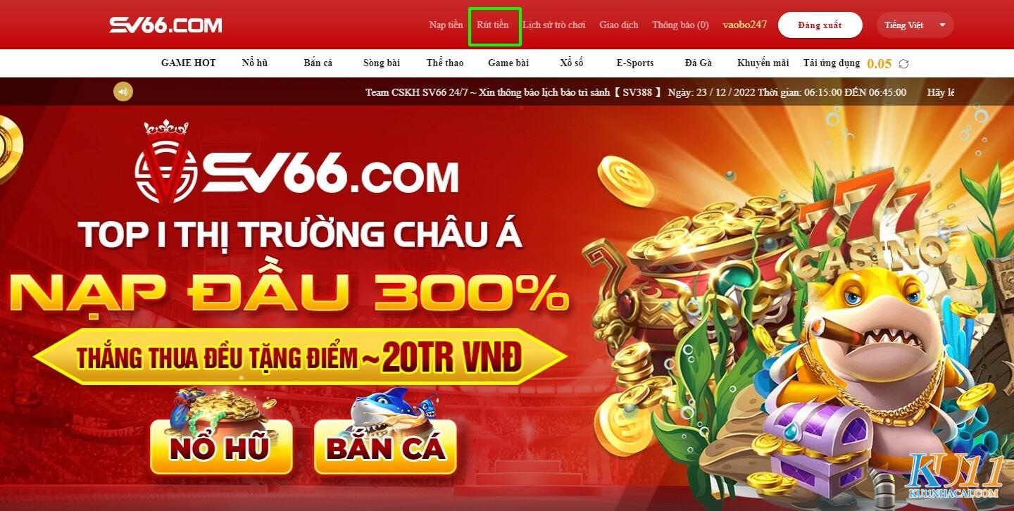 Chọn mục rút tiền ở trang chủ